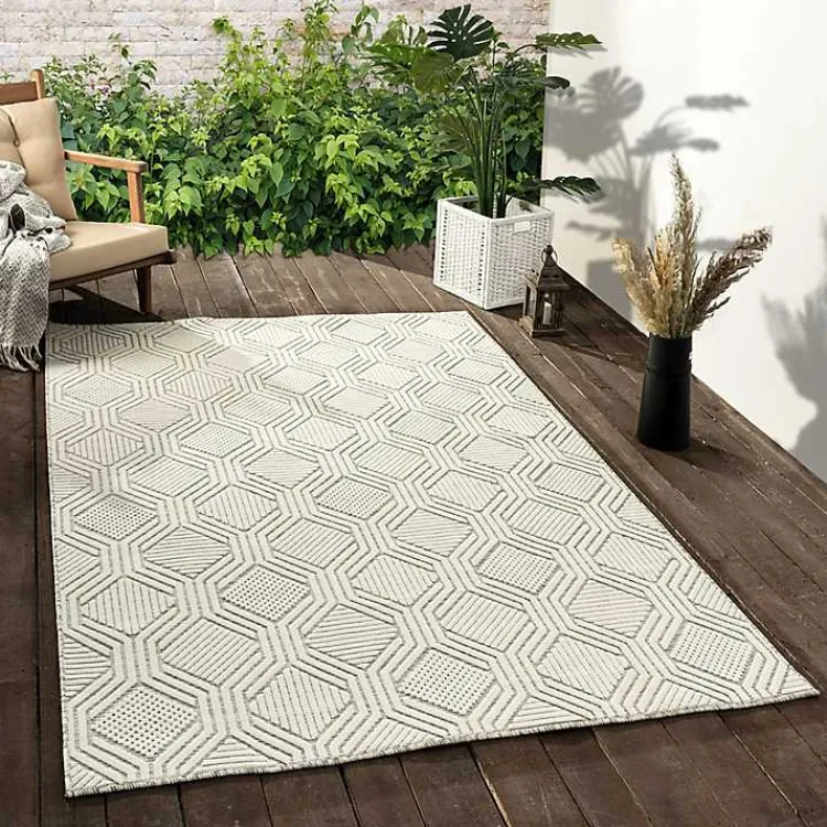 Kirklands Home Cream and Blue Geo Indoor/Outdoor Area Rug, 7x9 New