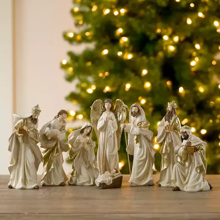 Christmas Decorations>Kirklands Home Cream and Gold 8-pc. Nativity Set