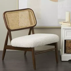 Kirklands Home Cream Boucle & Rounded Rattan Back Accent Chair White Online