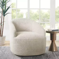 Kirklands Home Cream Boucle Barrel Swivel Accent Chair White Hot