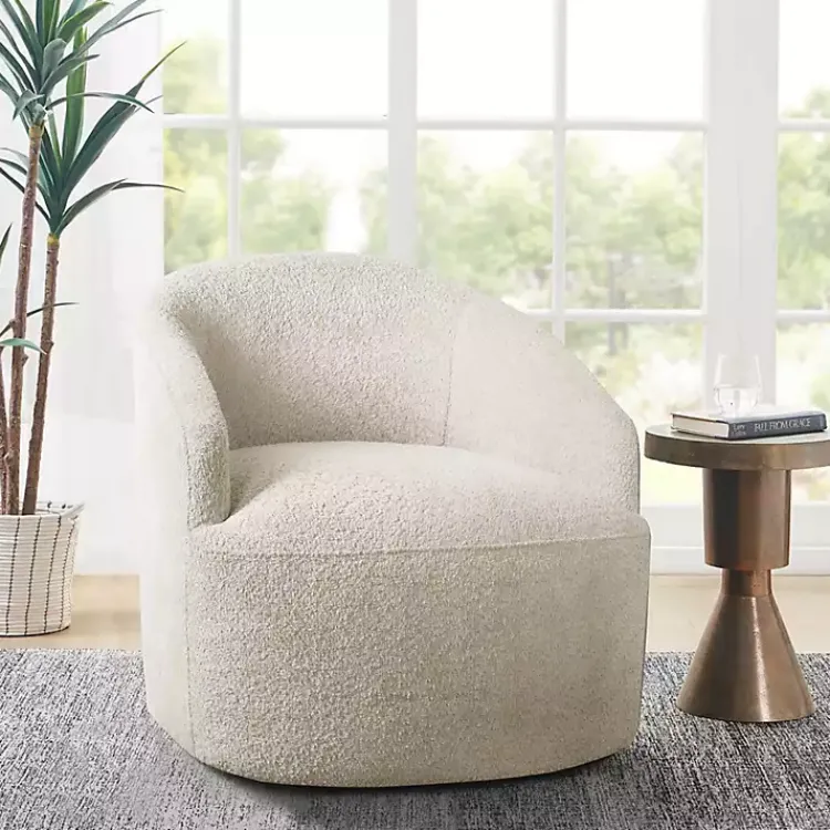 Kirklands Home Cream Boucle Barrel Swivel Accent Chair White Hot
