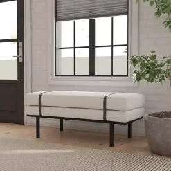 Kirklands Home Cream Boucle Black Faux Leather Bench White Discount
