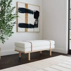 Kirklands Home Cream Boucle Brown Faux Leather Bench White Sale