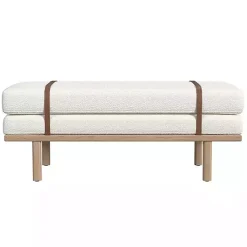 Kirklands Home Cream Boucle Brown Faux Leather Bench White Sale