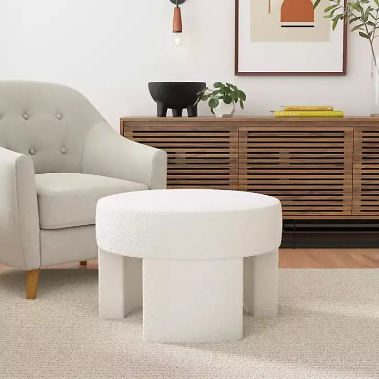 Kirklands Home Cream Boucle Round Upholstered Ottoman White