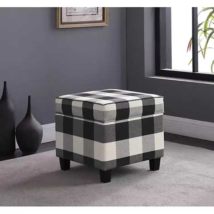 Kirklands Home Cream Buffalo Plaid Upholstered Storage Ottoman Hot