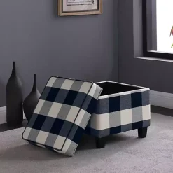 Kirklands Home Cream Buffalo Plaid Upholstered Storage Ottoman Hot