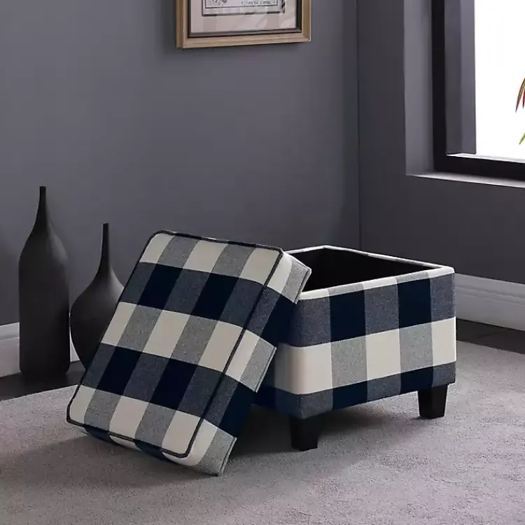 Kirklands Home Cream Buffalo Plaid Upholstered Storage Ottoman Hot