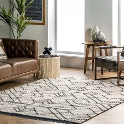 Kirklands Home Cream Geometric Diamonds Fringed Area Rug, 7x10 Hot