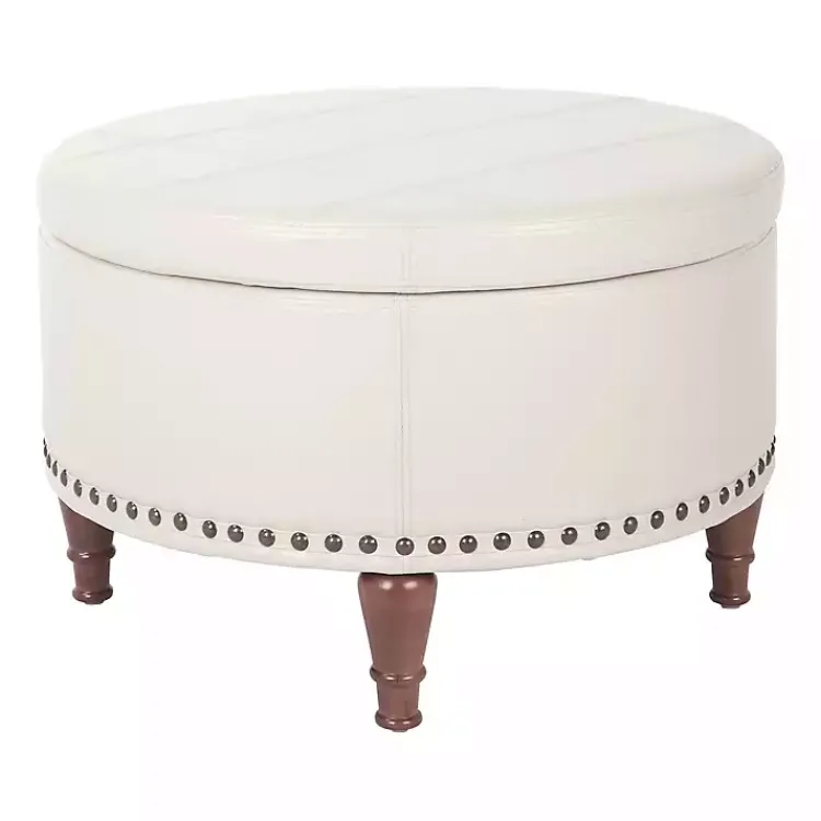 Kirklands Home Cream Leather Antique Nailhead Storage Ottoman Ivory Discount