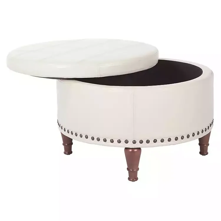 Kirklands Home Cream Leather Antique Nailhead Storage Ottoman Ivory Discount
