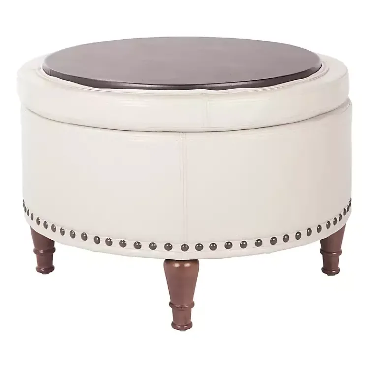 Kirklands Home Cream Leather Antique Nailhead Storage Ottoman Ivory Discount