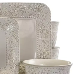 Kirklands Home Cream Lotus Pattern 16-pc. Square Dinnerware Set Ivory Best
