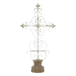 Statues & Figurines>Kirklands Home Cream Metal Ornate Cross Tabletop Sculpture White