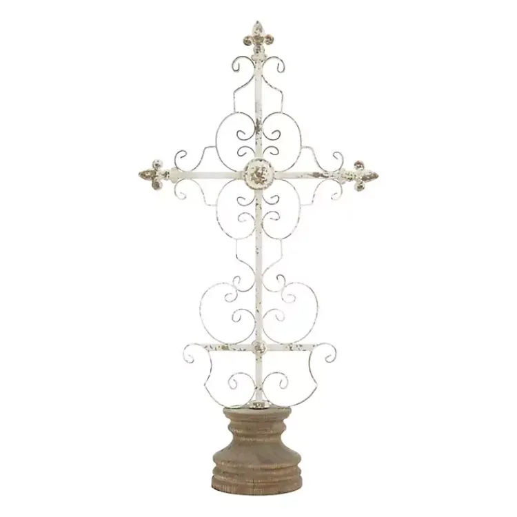 Statues & Figurines>Kirklands Home Cream Metal Ornate Cross Tabletop Sculpture White