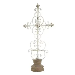 Statues & Figurines>Kirklands Home Cream Metal Ornate Cross Tabletop Sculpture White