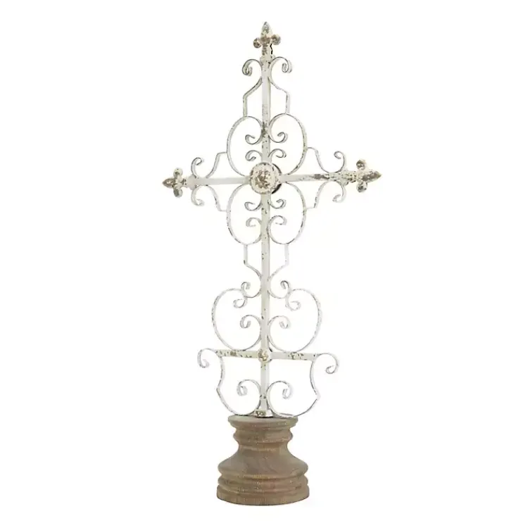Statues & Figurines>Kirklands Home Cream Metal Ornate Cross Tabletop Sculpture White