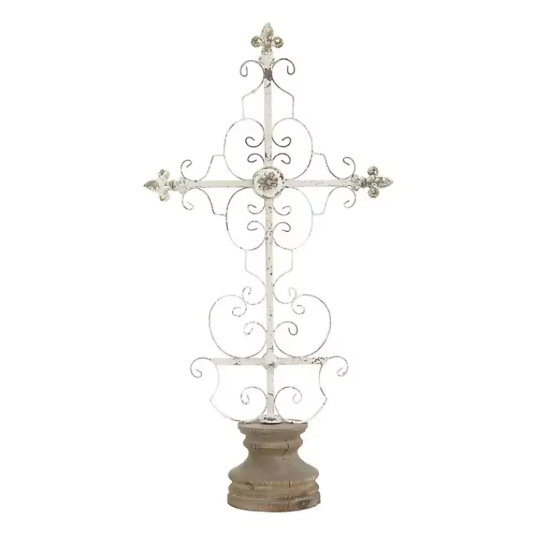 Statues & Figurines>Kirklands Home Cream Metal Ornate Cross Tabletop Sculpture White