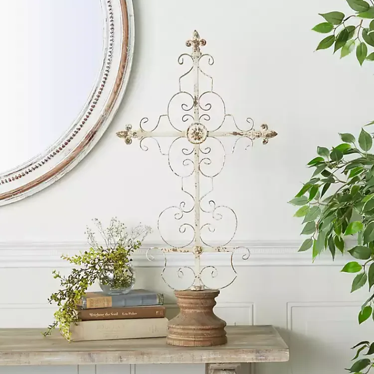 Statues & Figurines>Kirklands Home Cream Metal Ornate Cross Tabletop Sculpture White