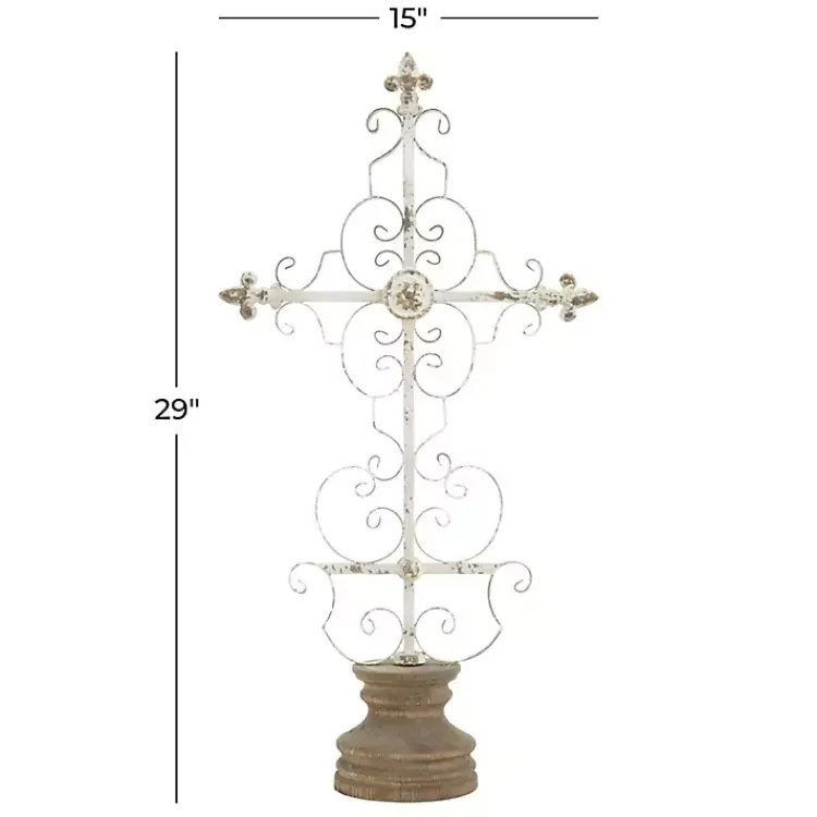 Statues & Figurines>Kirklands Home Cream Metal Ornate Cross Tabletop Sculpture White
