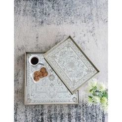 Decorative Trays>Kirklands Home Cream Moroccan Pattern Tray with Gold Edges White