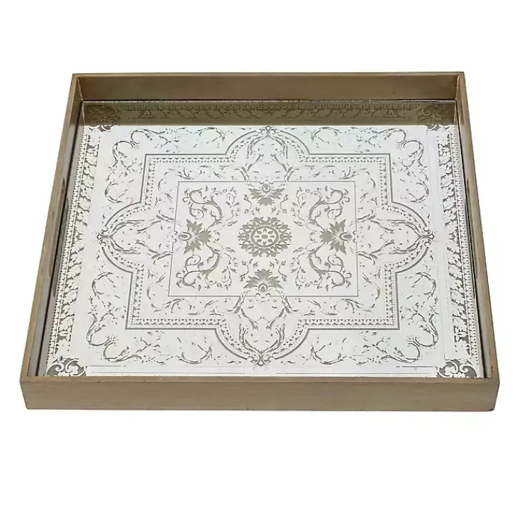 Decorative Trays>Kirklands Home Cream Moroccan Pattern Tray with Gold Edges White