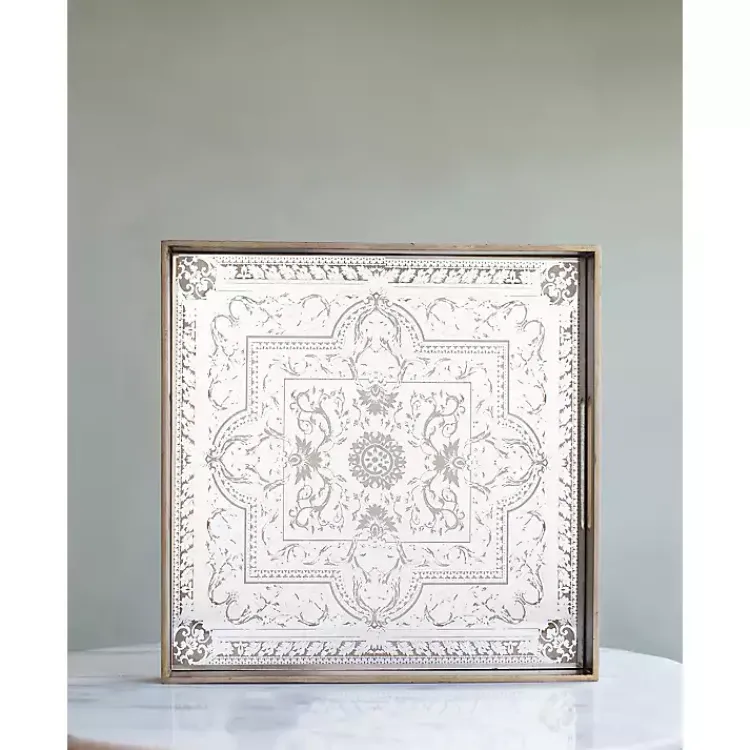 Decorative Trays>Kirklands Home Cream Moroccan Pattern Tray with Gold Edges White