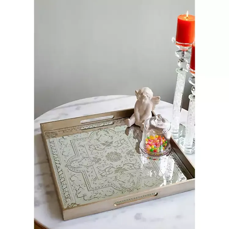 Decorative Trays>Kirklands Home Cream Moroccan Pattern Tray with Gold Edges White