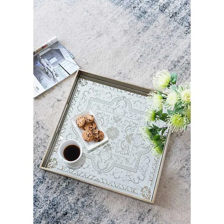 Decorative Trays>Kirklands Home Cream Moroccan Pattern Tray with Gold Edges White
