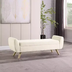 Kirklands Home Cream Sherpa and Wood Storage Bench Ivory New