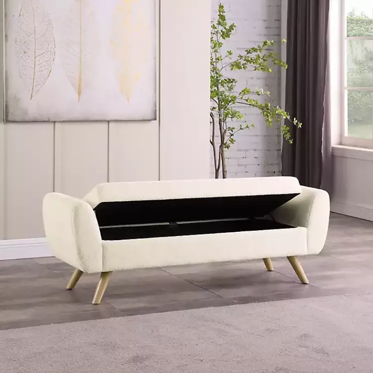 Kirklands Home Cream Sherpa and Wood Storage Bench Ivory New