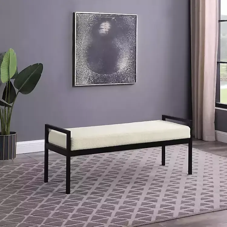 Kirklands Home Cream Sherpa Upholstered Metal Bench Ivory Outlet