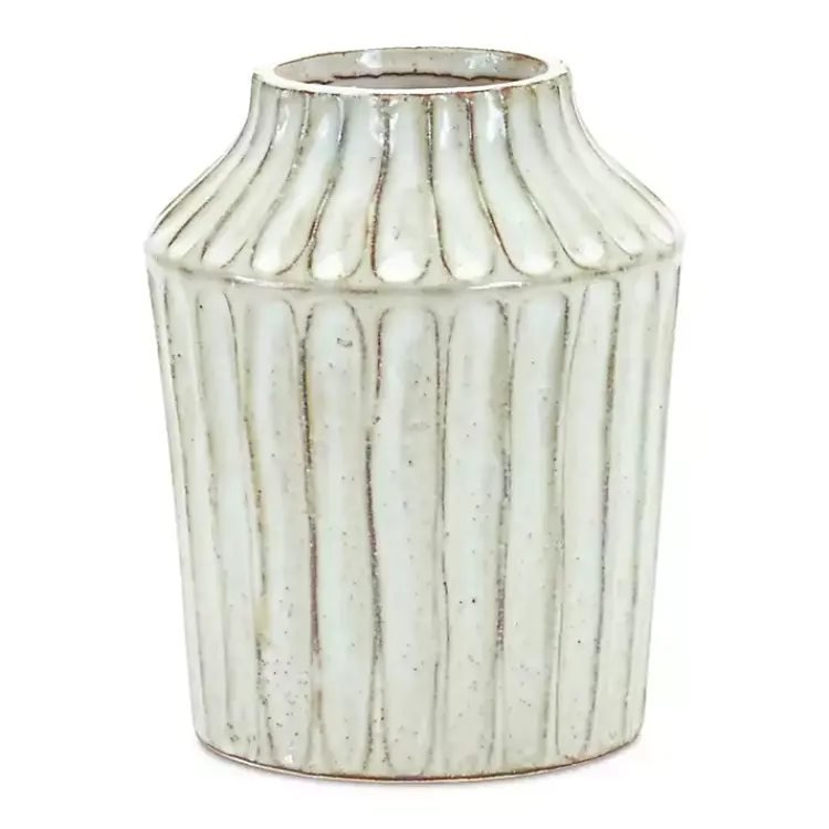 Vases>Kirklands Home Cream Terracotta Ribbed Vase, 8 in. Ivory