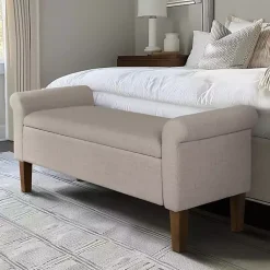 Kirklands Home Cream Upholstered Aubrey Storage Bench Tan New