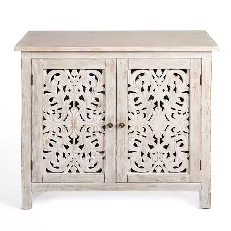 Kirklands Home Cream Washed Wood Carved Door Cabinet Tan Clearance