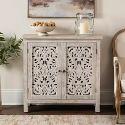 Kirklands Home Cream Washed Wood Carved Door Cabinet Tan Clearance