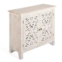 Kirklands Home Cream Washed Wood Carved Door Cabinet Tan Clearance
