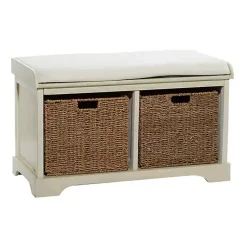 Kirklands Home Cream Wood Bench with Storage Baskets White Sale
