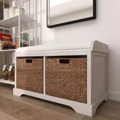 Kirklands Home Cream Wood Bench with Storage Baskets White Sale