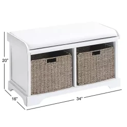 Kirklands Home Cream Wood Bench with Storage Baskets White Sale