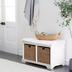 Kirklands Home Cream Wood Bench with Storage Baskets White Sale