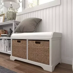 Kirklands Home Cream Wood Bench with Storage Baskets White Sale