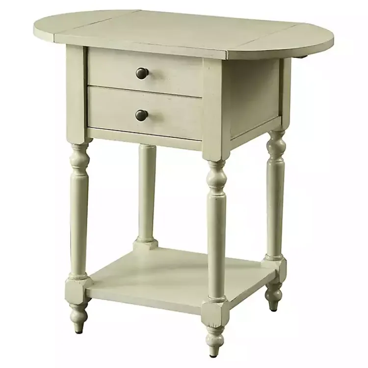 Kirklands Home Cream Wood 2-Drawer Drop Leaf Side Table Ivory Discount