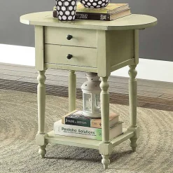 Kirklands Home Cream Wood 2-Drawer Drop Leaf Side Table Ivory Discount