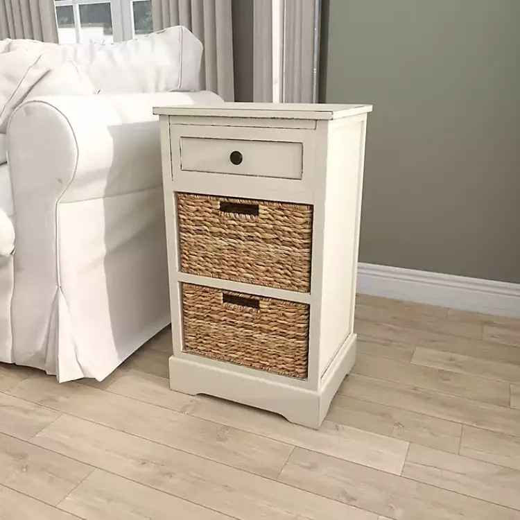Kirklands Home Cream Wood Side Table with Woven Baskets Ivory Sale