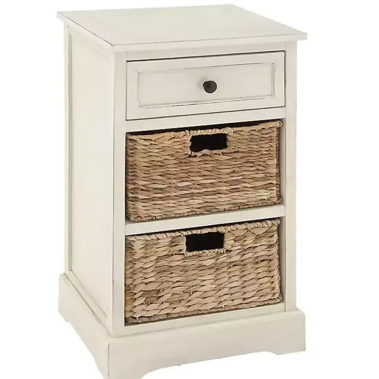 Kirklands Home Cream Wood Side Table with Woven Baskets Ivory Sale