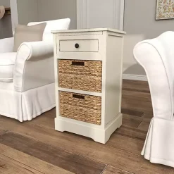 Kirklands Home Cream Wood Side Table with Woven Baskets Ivory Sale