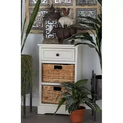 Kirklands Home Cream Wood Side Table with Woven Baskets Ivory Sale