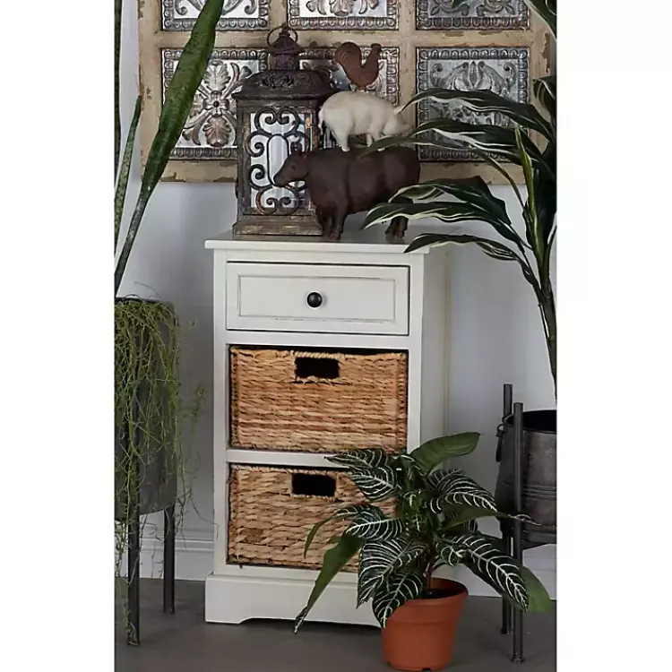 Kirklands Home Cream Wood Side Table with Woven Baskets Ivory Sale
