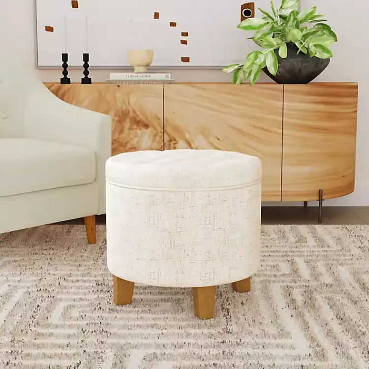Kirklands Home Cream Woven Upholstered Tufted Storage Ottoman White Hot